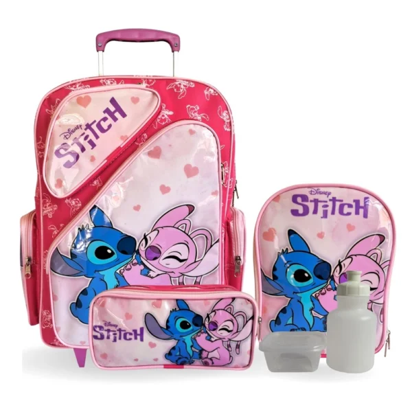 Kit Mochila Infantil Lilo e Stitch Rosa Rodinhas Grande